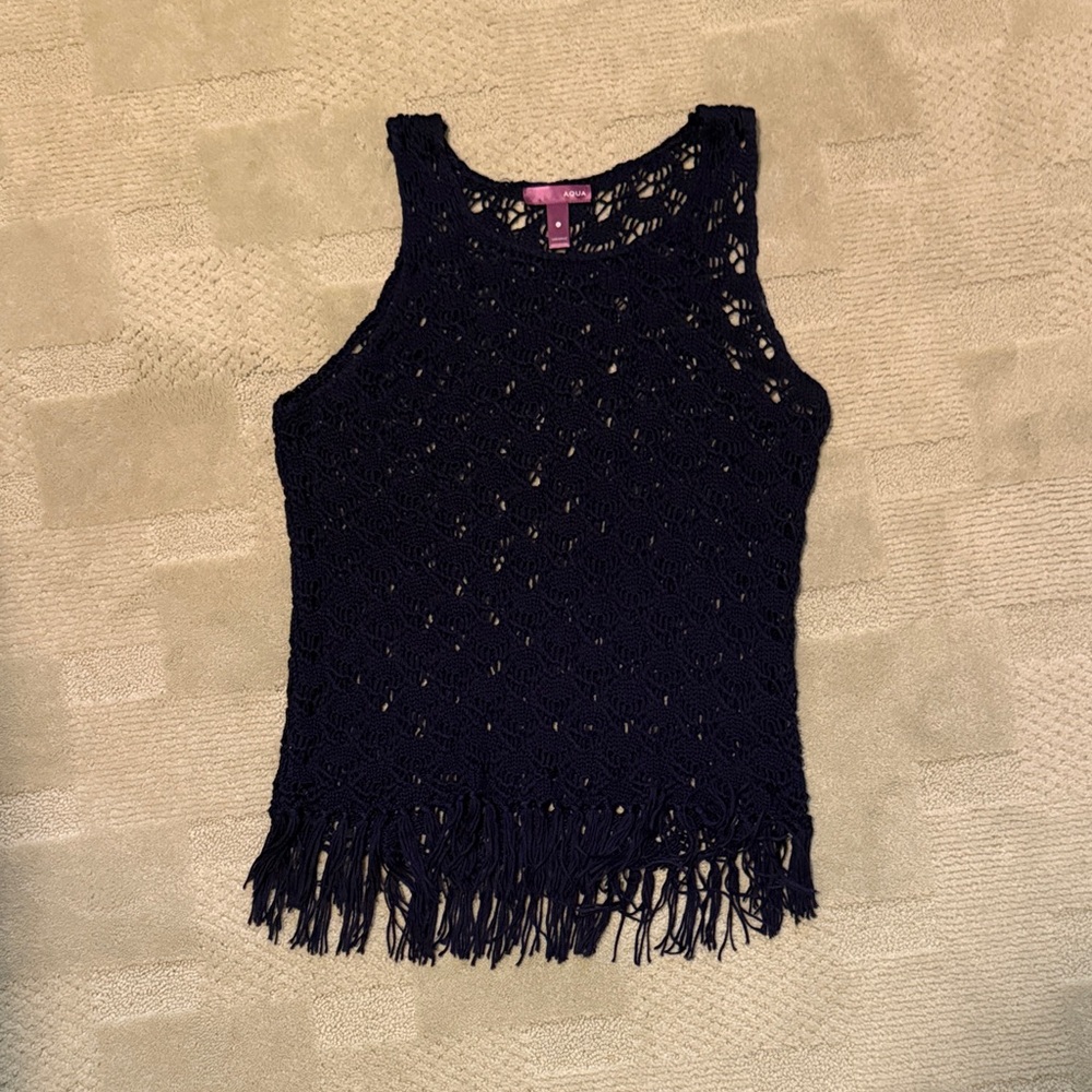Aqua girls Navy Crochet Fringe tank Top, Bloomingdale’s brand, fun and summer-y
